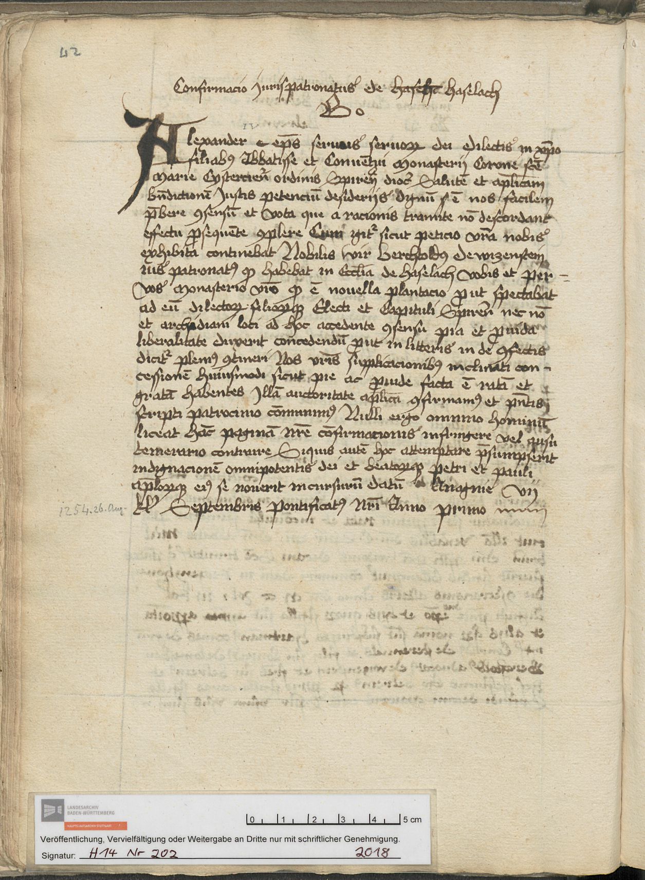Urkunde vom 26. August 1254